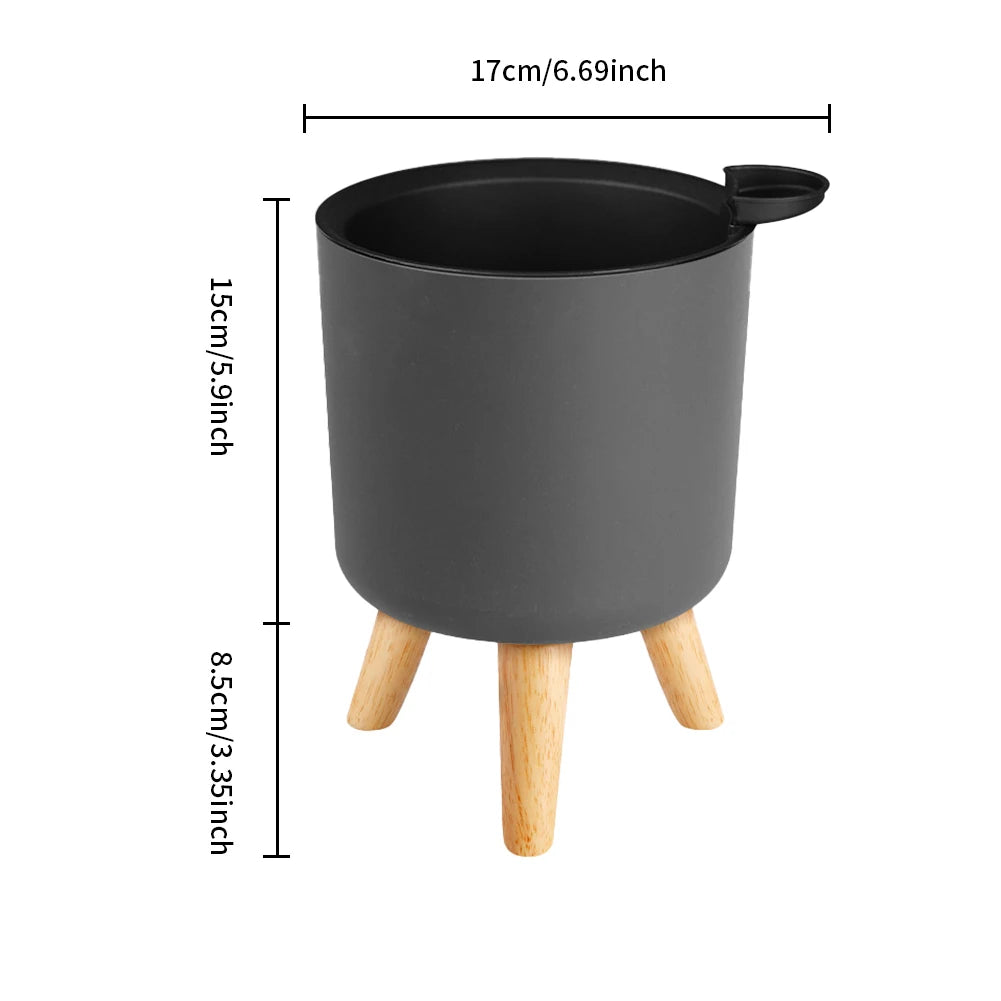 Modern Floor-Standing Round Self-Watering Flower Pot with Drainage System and Wooden Legs for Herbs and Plants