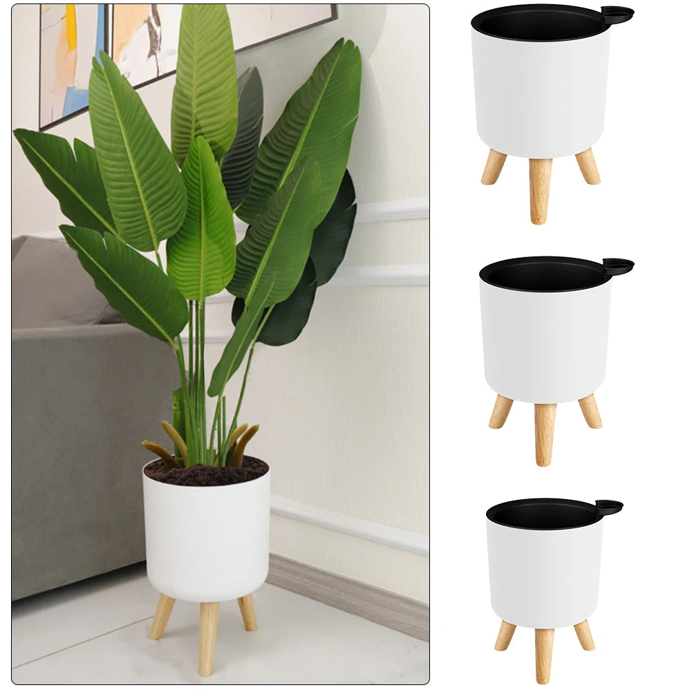 Modern Floor-Standing Round Self-Watering Flower Pot with Drainage System and Wooden Legs for Herbs and Plants