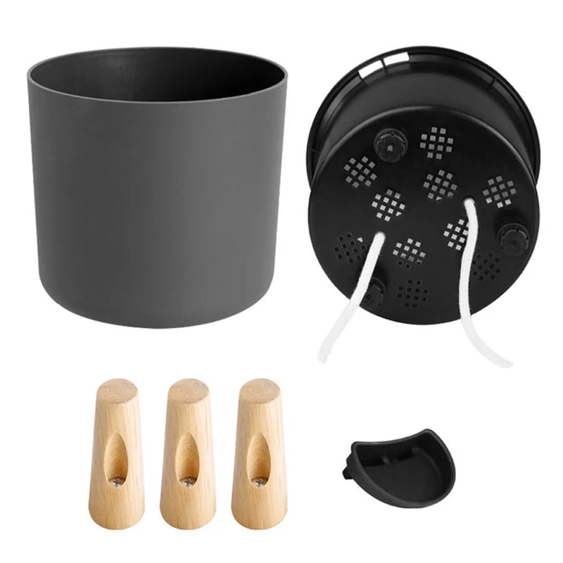 Modern Floor-Standing Round Self-Watering Flower Pot with Drainage System and Wooden Legs for Herbs and Plants