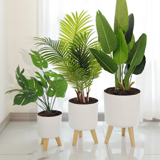 Modern Floor-Standing Round Self-Watering Flower Pot with Drainage System and Wooden Legs for Herbs and Plants